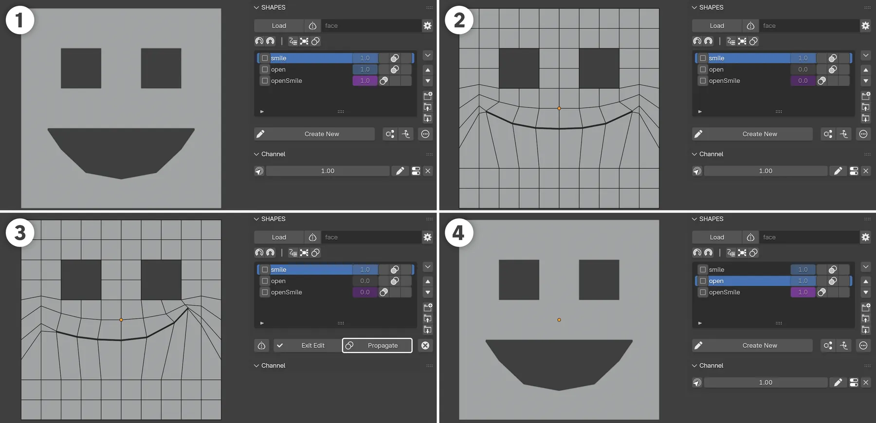 The effect of editing a Combo Driver with Combo Edit Propagation: 1. The original resulting shape with the smile and open shapes active. 2. The original smile shape before editing. 3. Editing the smile shape and exiting with Propagation enabled. 4. The Combo Target shape remains unchanged even though one of the driving shapes has been edited.