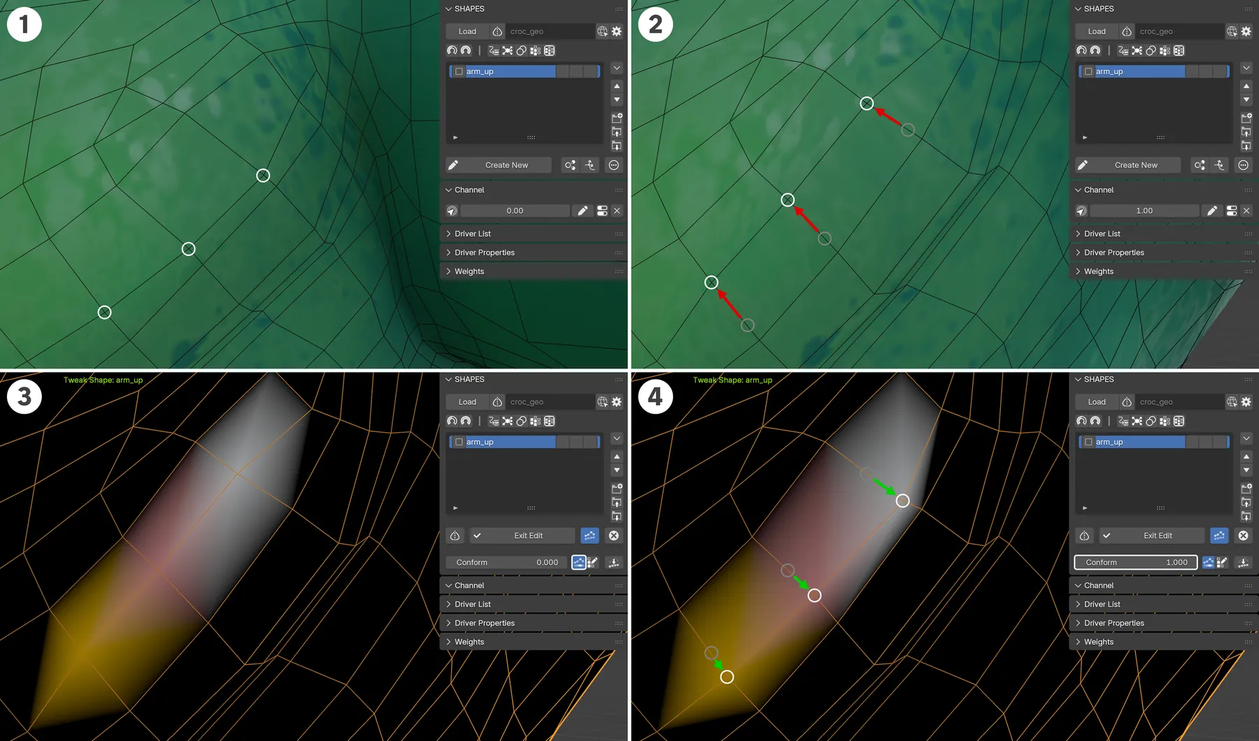 Identifying and correcting the effects of shape deviation with Conform Shape: 1. The undeformed shape with specific vertex positions. 2. Excessive vertex movement in the deformed state. 3. Visualizing deviation strength with enabled Deviation display. 4. Previewing the correction with the Conform Value.