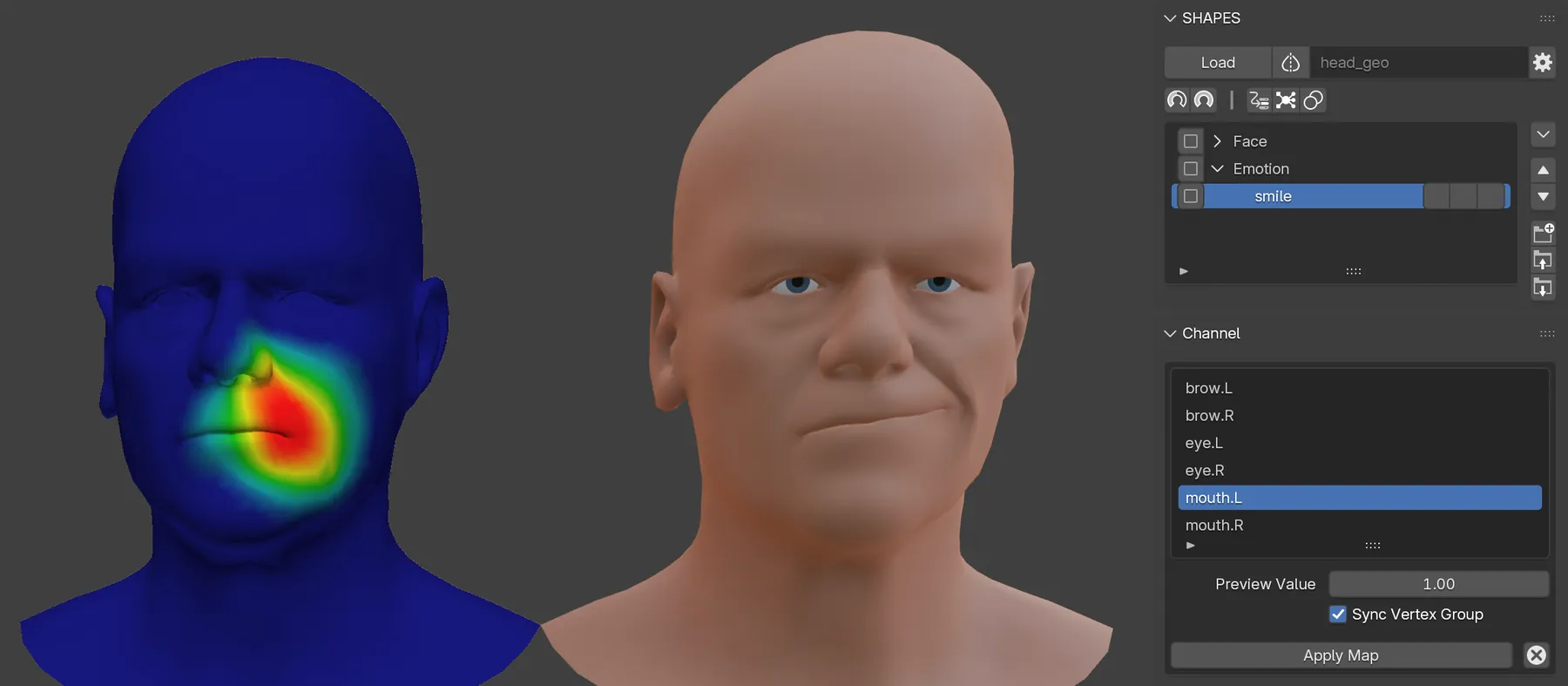 Painting weights on the separate Influence Map object while visualizing the result on the deformed mesh.