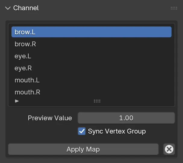 The Channel panel when editing the Influence Map regions.