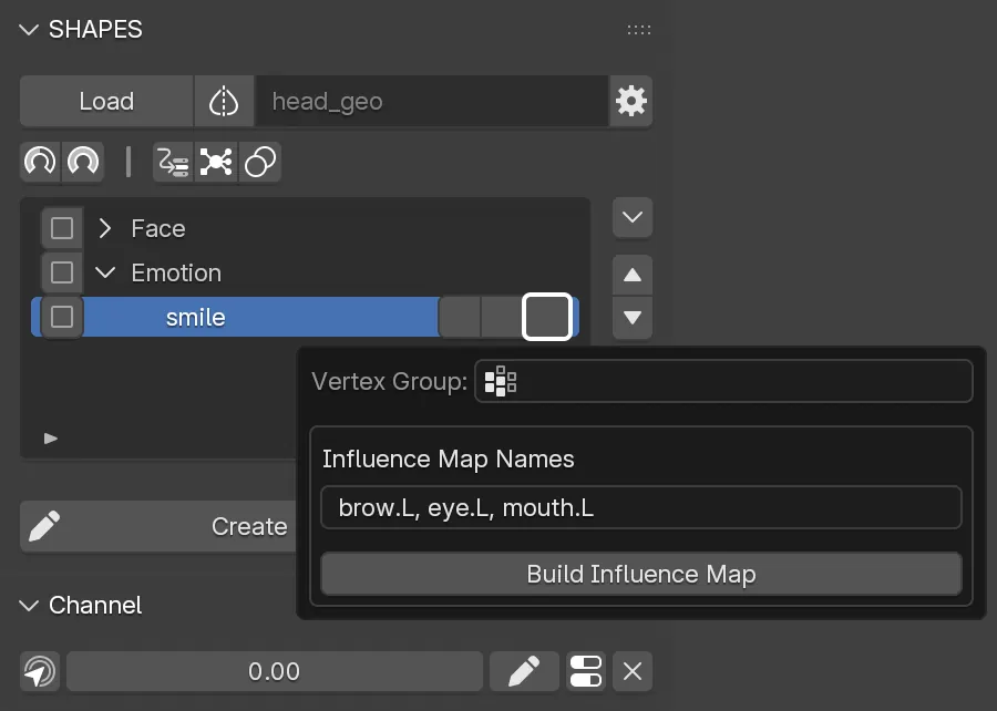 Setting the names for the Influence Map regions in the vertex groups panel.