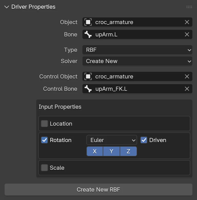 The Driver Properties panel with an additional Control Object set.