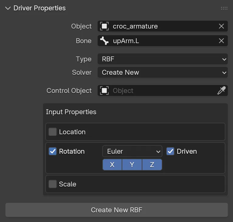 The Driver Properties panel with RBF selected as the Shape Driver type.