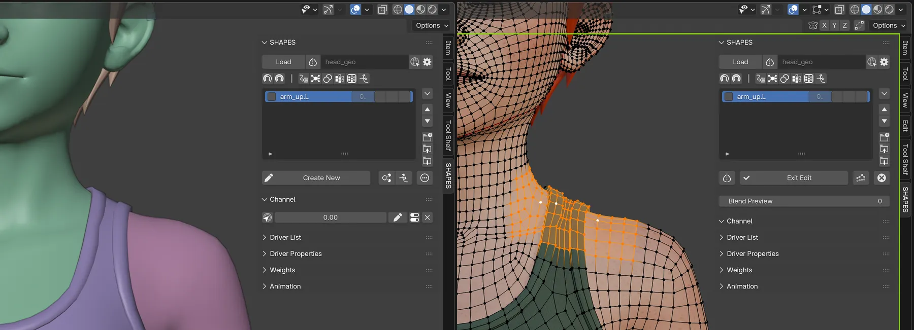 Multiple connecting or overlapping meshes in the shoulder region can be edited together to ensure shape consistency. When exiting Edit Mode, each mesh receives its respective linked shape key.