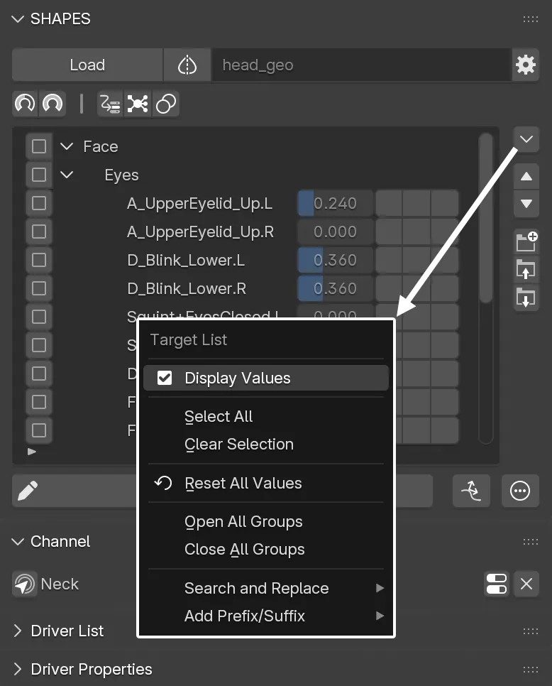 The Target List with value display enabled for target items, along with the Target List Menu.